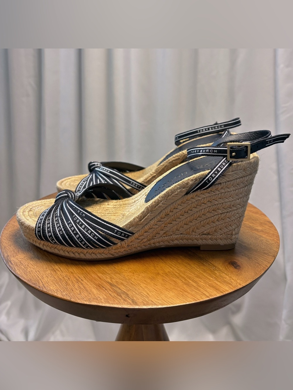 Tory Burch Tory Ribbon Wedge Espadrilles Perfect Navy Size 9